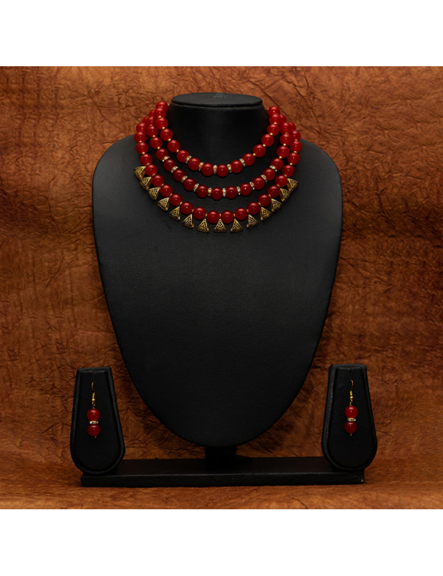 Layered Choker with Earrings - Cherry Red 