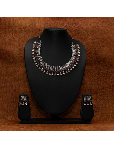 Maroon Stone Choker with Pretty Hangings and Earrings