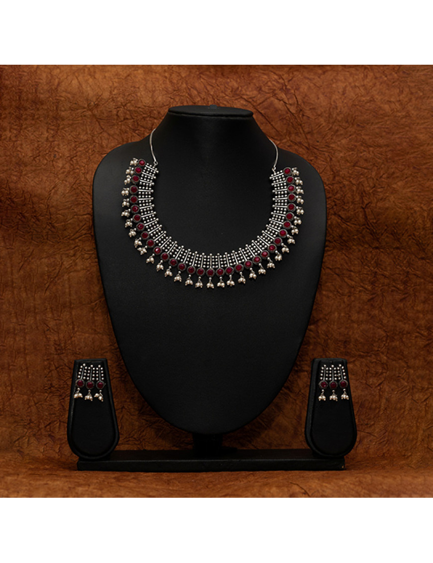 Maroon Stone Choker with Pretty Hangings and Earrings