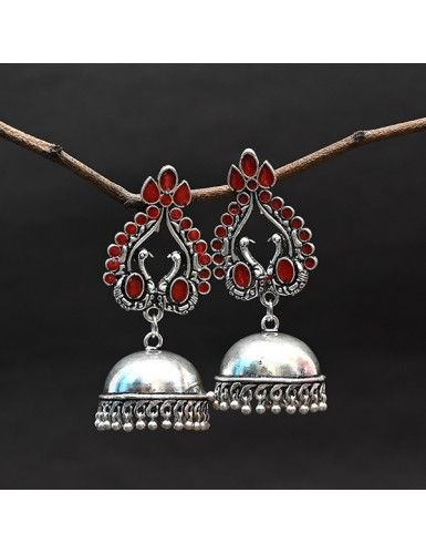 Plain Jhumkaas with Blushing Red Stone