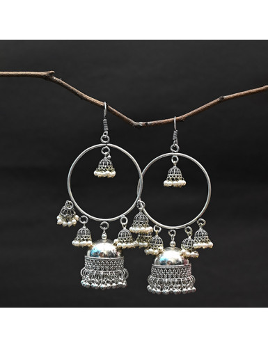 Long Earrings with Jhumkas - Pearl White