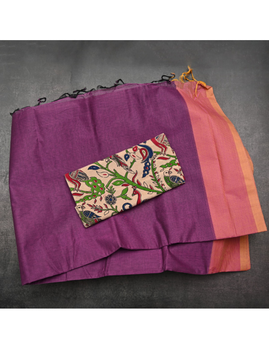  Hand Woven Mangalagiri soft cotton Saree with Kalamkari Printed Blouse